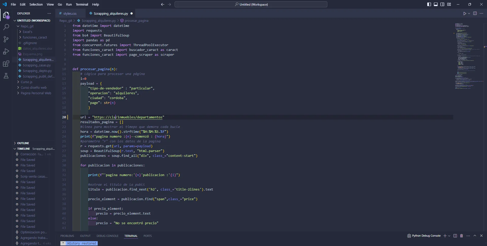 Fragmento del script de scraping inmobiliario en Python